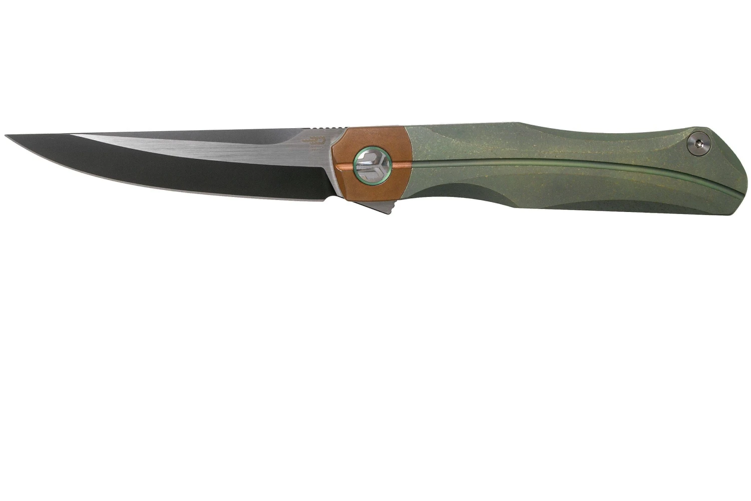 Bestech Thyra BT2106E Green Stonewashed Titanium, Copper Bolster, Two Tone Black Couteau De Poche, Kombou Design 3 Bestech Thyra BT2106E Green Stonewashed Titanium, Copper Bolster, Two Tone Black Couteau De Poche, Kombou Design