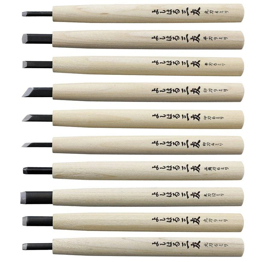 Yoshiharu W-10 Mitomoto Couteaux à Bois Japonais, Set De 10 Avec étui En Tissu 3 Yoshiharu W-10 Mitomoto Couteaux à Bois Japonais, Set De 10 Avec étui En Tissu